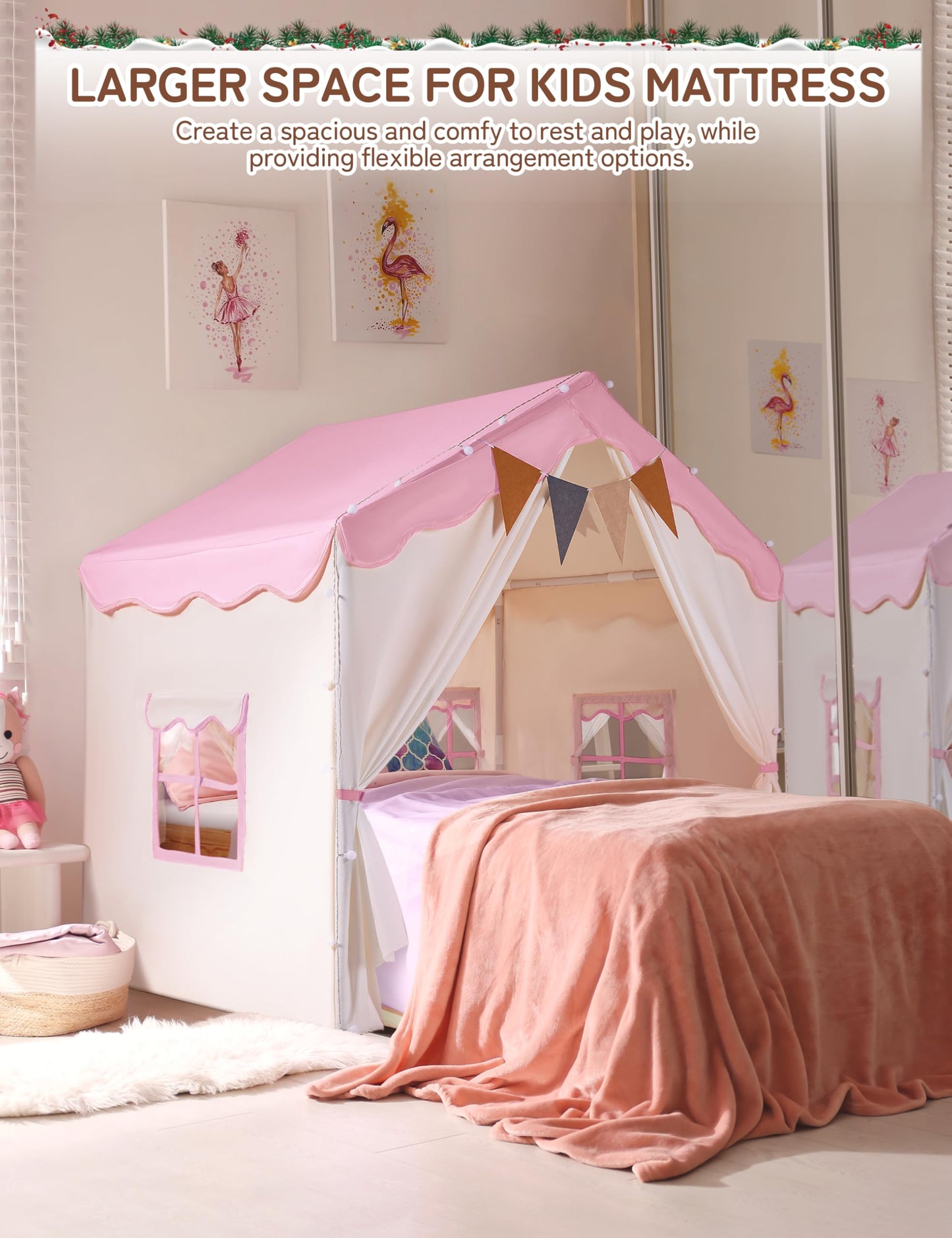 Besrey 2 IN 1 Kids Tent, Children's Playhouse Indoor with Mat and Lights, Kids Bed Tent, Play Tent for Indoors, Princess Tent, Children's Playhouse, Cozy Corner Kids Room Decor from 3 years pink