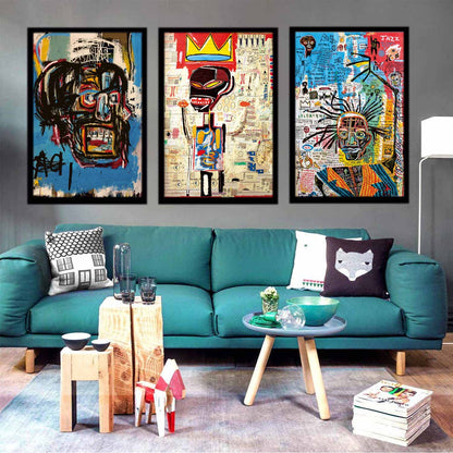 3 pieces Jean-Michel Basquiat modern street graffiti wall art abstract poster print wall decoration artist blue print canvas painting for living room bedroom bathroom office home decorations