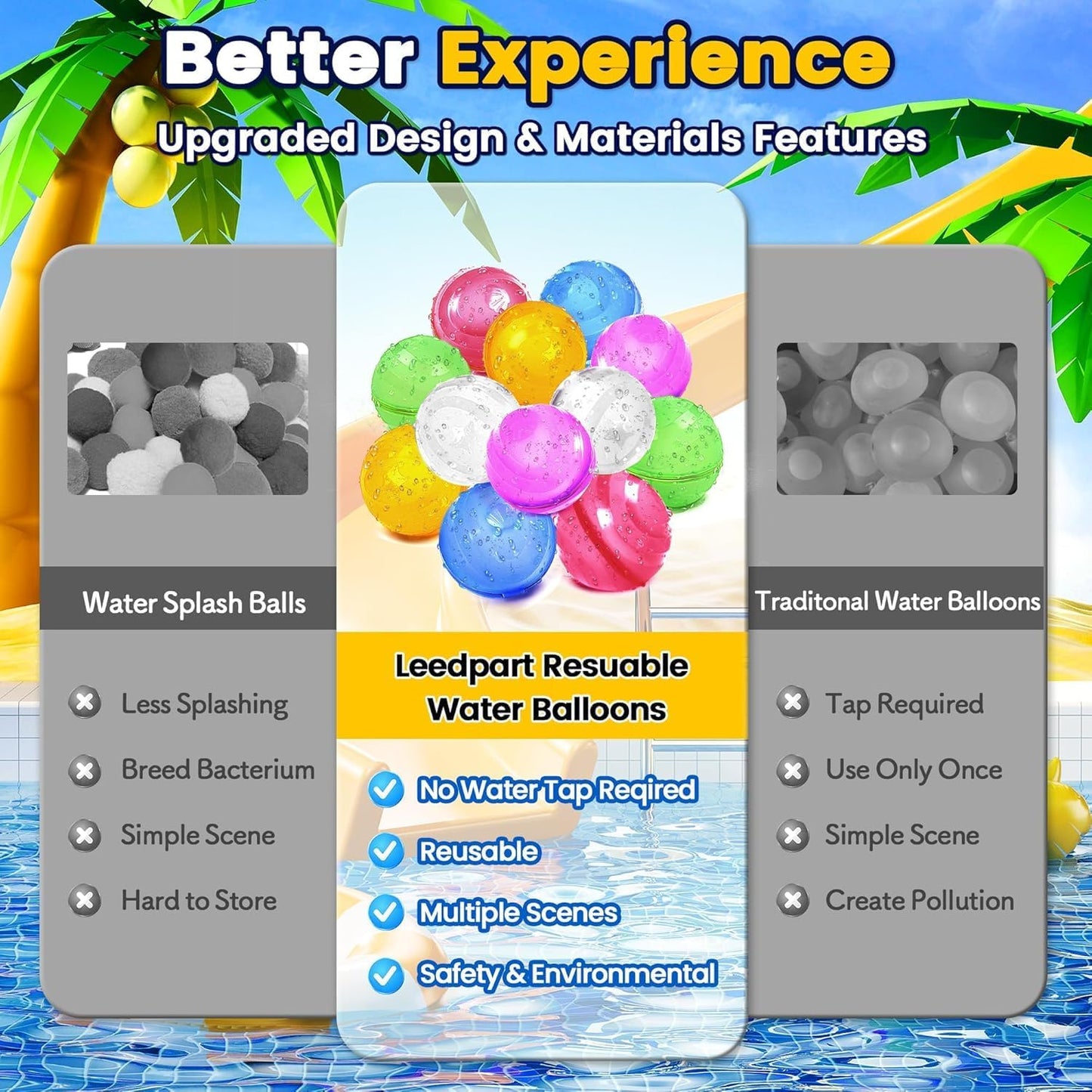 Ligtmore water balloons self-sealing, 16 piece reusable water balloons, magnetic water balloons, 1-second quick-fill water balloon set, suitable for kids, adults, beach, pool party.
