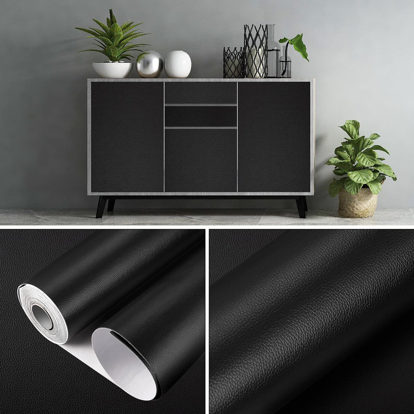 GELAISI Artificial Leather Self Adhesive 60*200cm Black Leather Patch Kit Self-Adhesive Leather Patches, Leather-Look Film Decorative Film Furniture Film Wallpaper Leather Repair Upholstery for Cabinet Leather Bag Car Seat Sofa