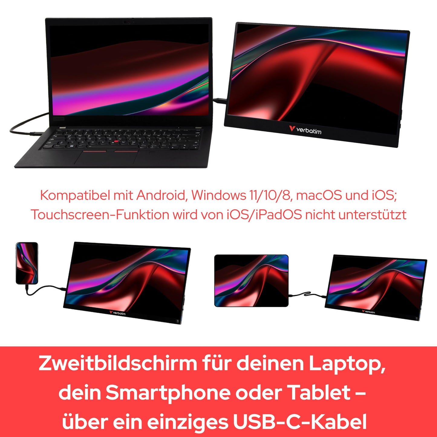 Verbatim Portable Touchscreen Monitor 4K, 15.6" mobile screen, portable HDR display for laptop, tablet, smartphone, PS5, or Nintendo Switch with USB-C and HDMI connection, black.