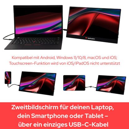 Verbatim Portable Touchscreen Monitor 4K, 15.6" mobile screen, portable HDR display for laptop, tablet, smartphone, PS5, or Nintendo Switch with USB-C and HDMI connection, black.