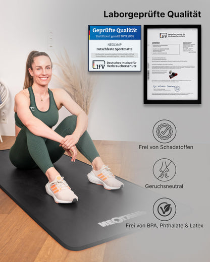NEOLYMP extra thick and non-slip fitness mat with fitness e-book and carrying strap - Pilates mat, yoga mat, exercise mat, gymnastics mat, training mat (anthracite | 80 cm)