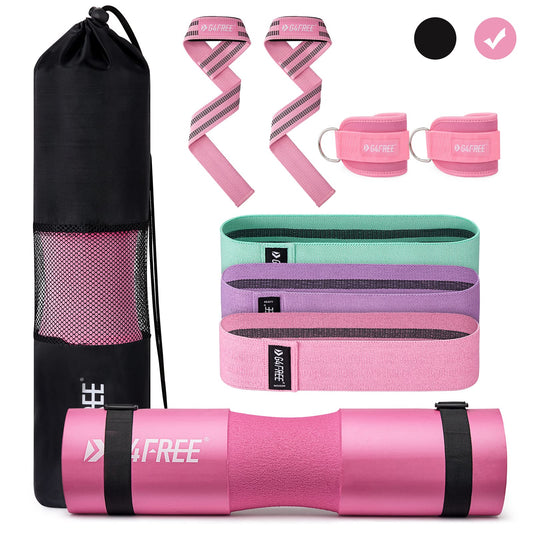 G4Free 9-piece Set Barbell Pad/Neck Pad/Barbell Pad for Squats/Hip Thrusts/Lunges/Olympic Barbell with 2 Gym Ankle Safety Straps & 3 Hip Resistance Bands & 2 Fitness Bands