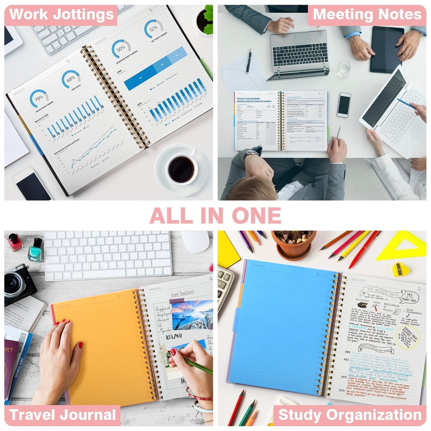 Notepad, A4 lined notebook, notebooks with 5 compartments and removable dividers, 300 sheets 100GSM spiral notebook softcover for writing, for work and school supplies, 21.5 x 27.9cm, pink.
