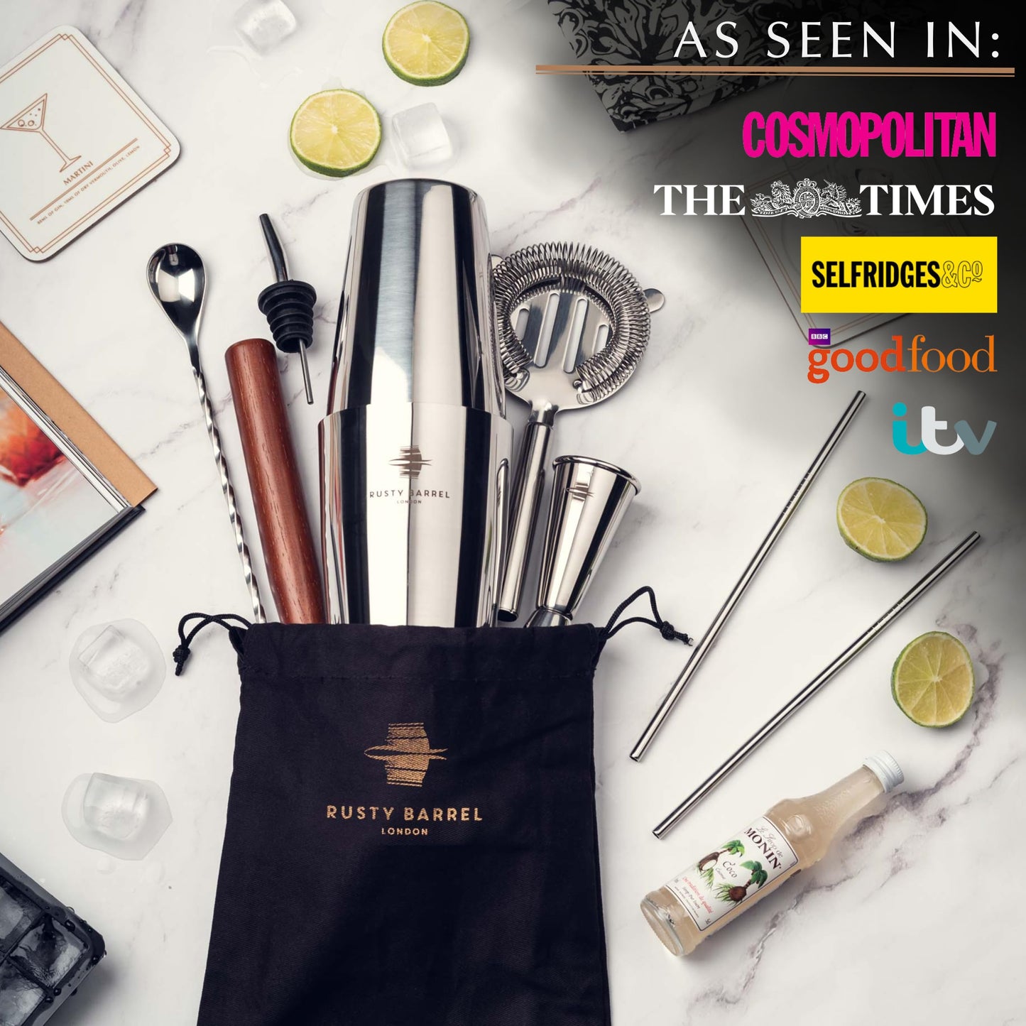 Rusty Barrel Bloomsbury Cocktail Set – Stainless Steel Cocktail Shaker Set with Jigger, Muddler, Bar Spoon & Accessories | Cocktail Mixing Set in Luxury Gift Box with Bag & Recipe Booklet