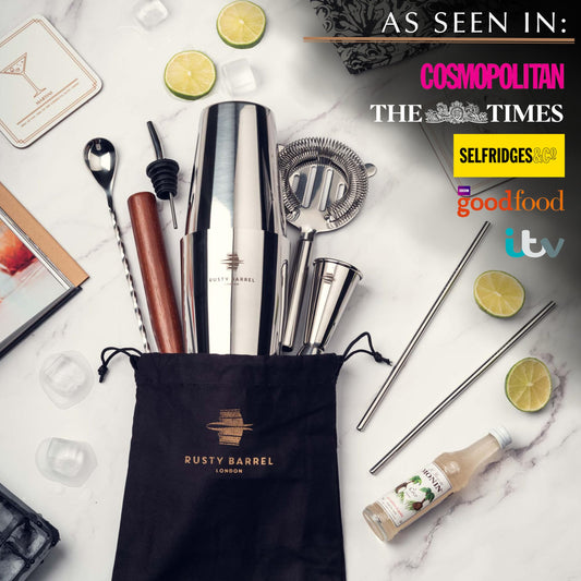 Rusty Barrel Bloomsbury Cocktail Set – Stainless Steel Cocktail Shaker Set with Jigger, Muddler, Bar Spoon & Accessories | Cocktail Mixing Set in Luxury Gift Box with Bag & Recipe Booklet