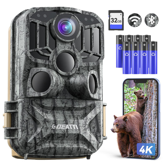 DEATTI trail camera with mobile transmission app, 4K 48MP HD WiFi Bluetooth trail camera with motion sensor night vision, 120° wide angle wildlife camera, IP66 waterproof, 32GB SD card and 8AA batteries.