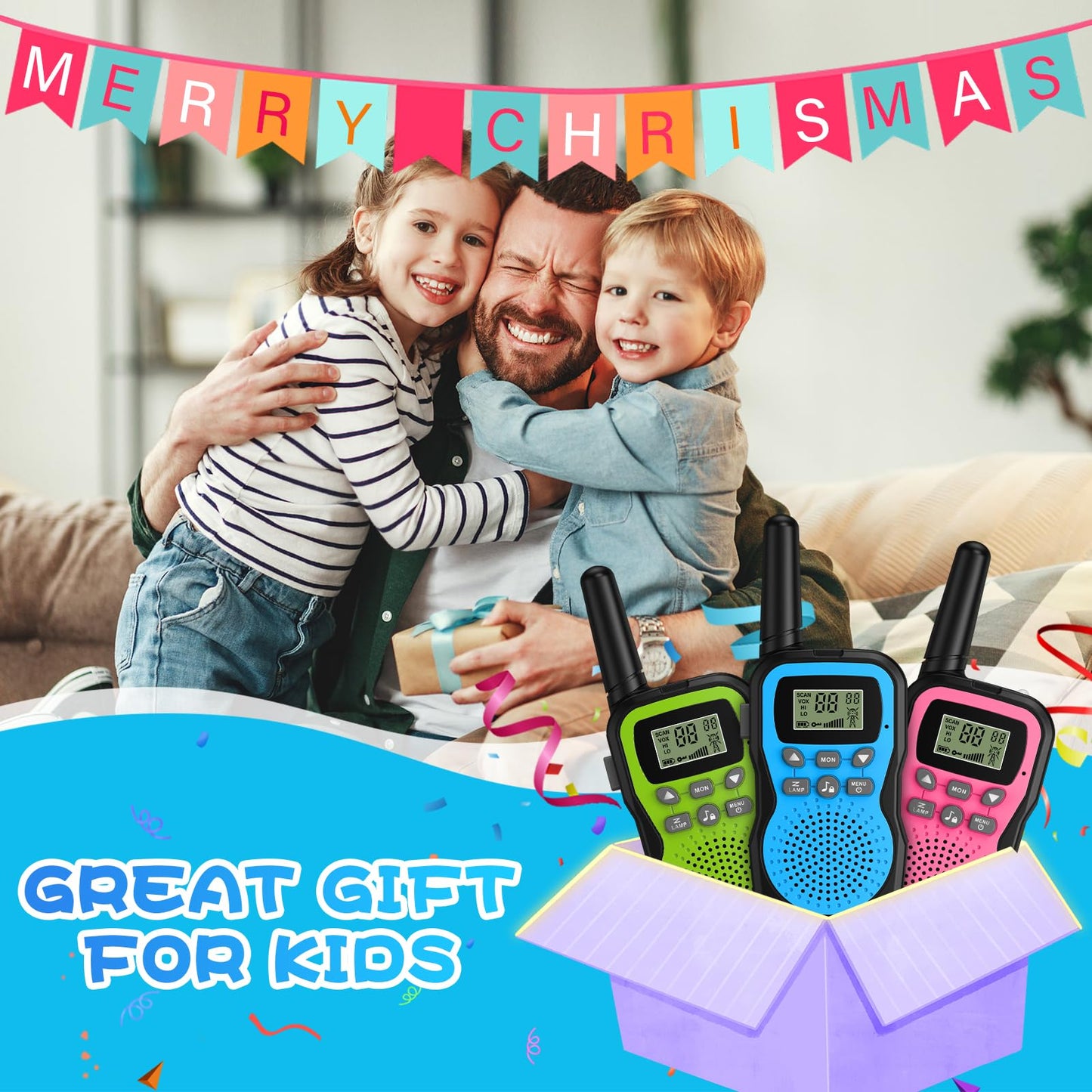 Walkie Talkie Kids 3-pack, Apkezel Walky Talky with 1000mAh rechargeable battery, long range 3km walkie talkie radios with VOX flashlight for outdoor, camping, hiking.
