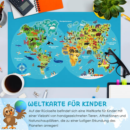 Desk pad for children, double sided world map desk pad waterproof made of durable, wipeable painting pad for children/girls (60x40 cm)