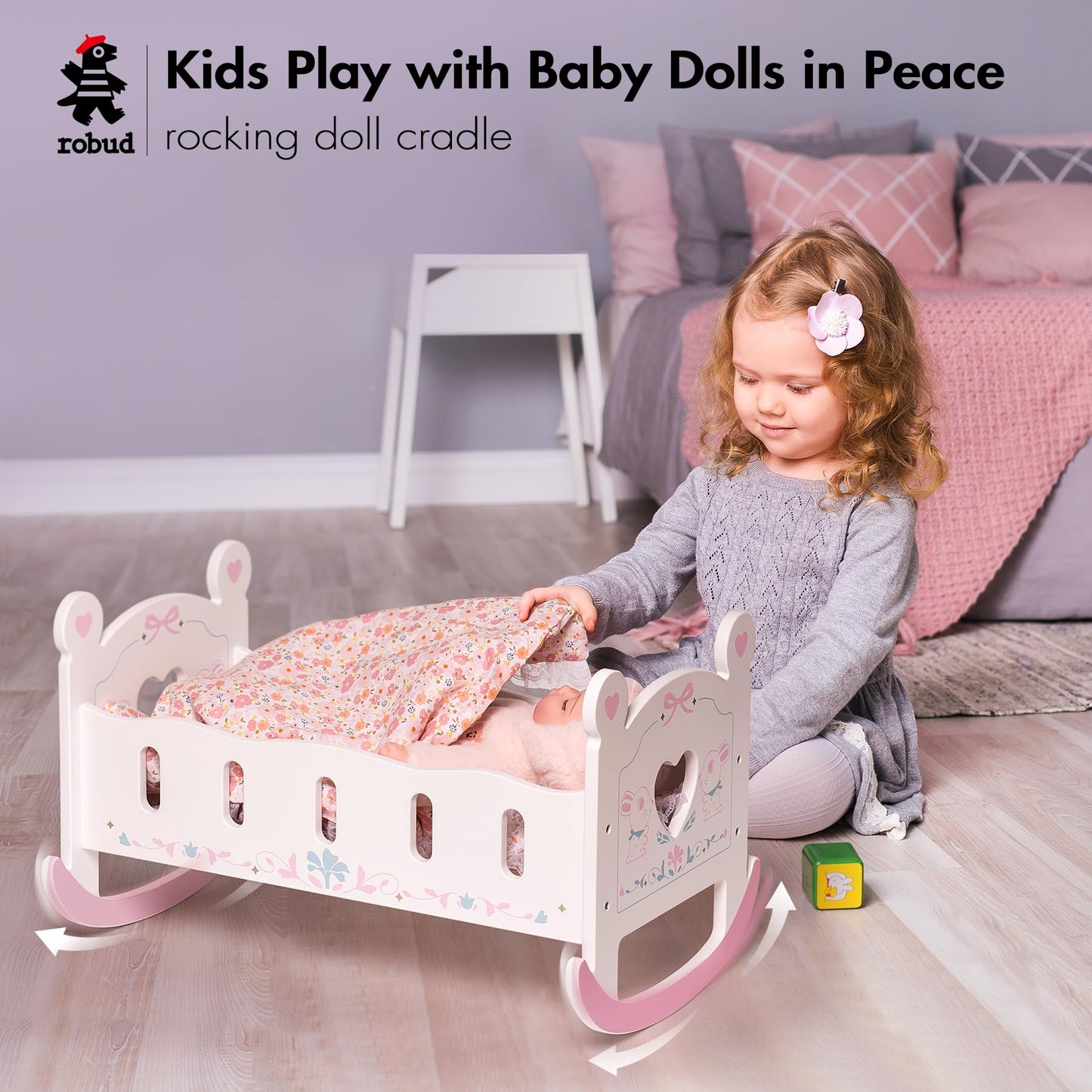 ROBUD wooden doll bed for 45cm dolls, doll cradle with pillow and blanket, suitable for children aged 3 years and up.