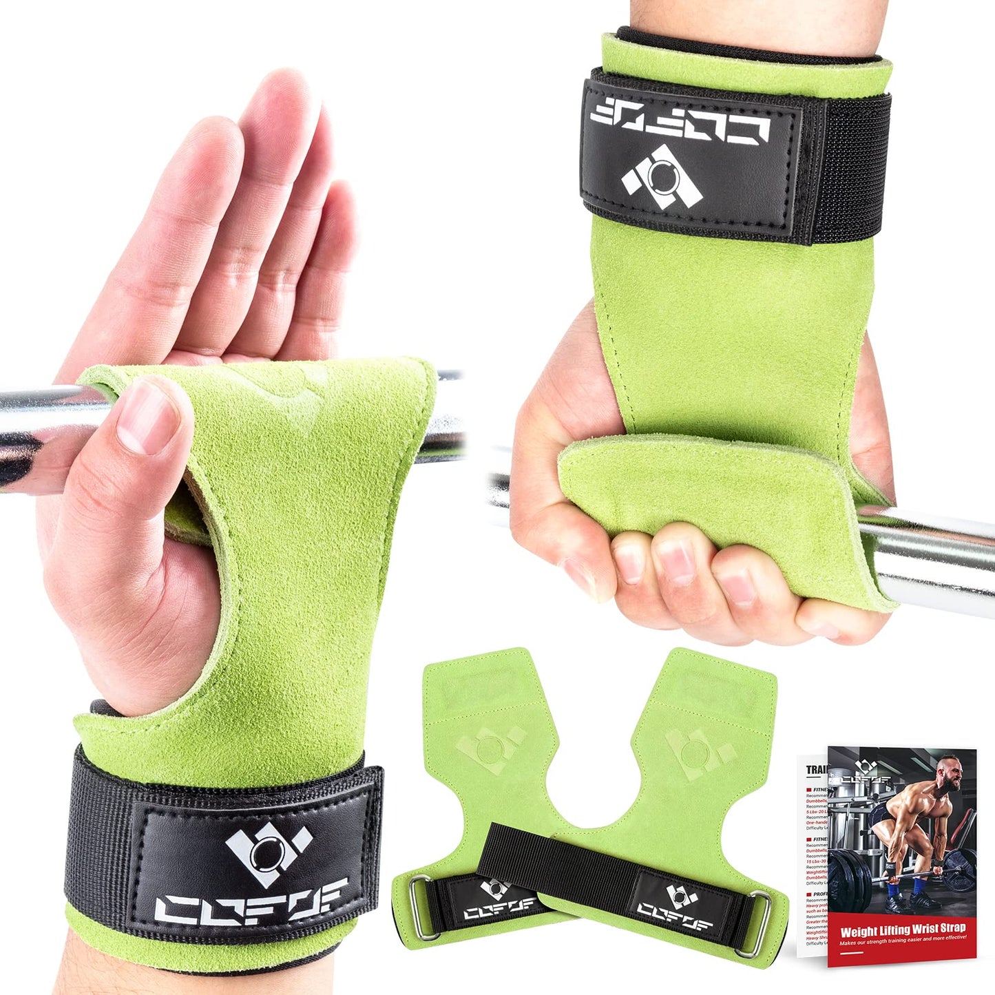 Weightlifting wrist strap, double-layered, leather, suitable for weightlifting, wrist strap for deadlifting and powerlifting, adjustable, with neoprene padding, for gym, workout, lifting (Green)
