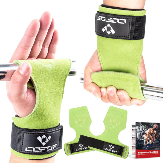 Weightlifting wrist strap, double-layered, leather, suitable for weightlifting, wrist strap for deadlifting and powerlifting, adjustable, with neoprene padding, for gym, workout, lifting (Green)