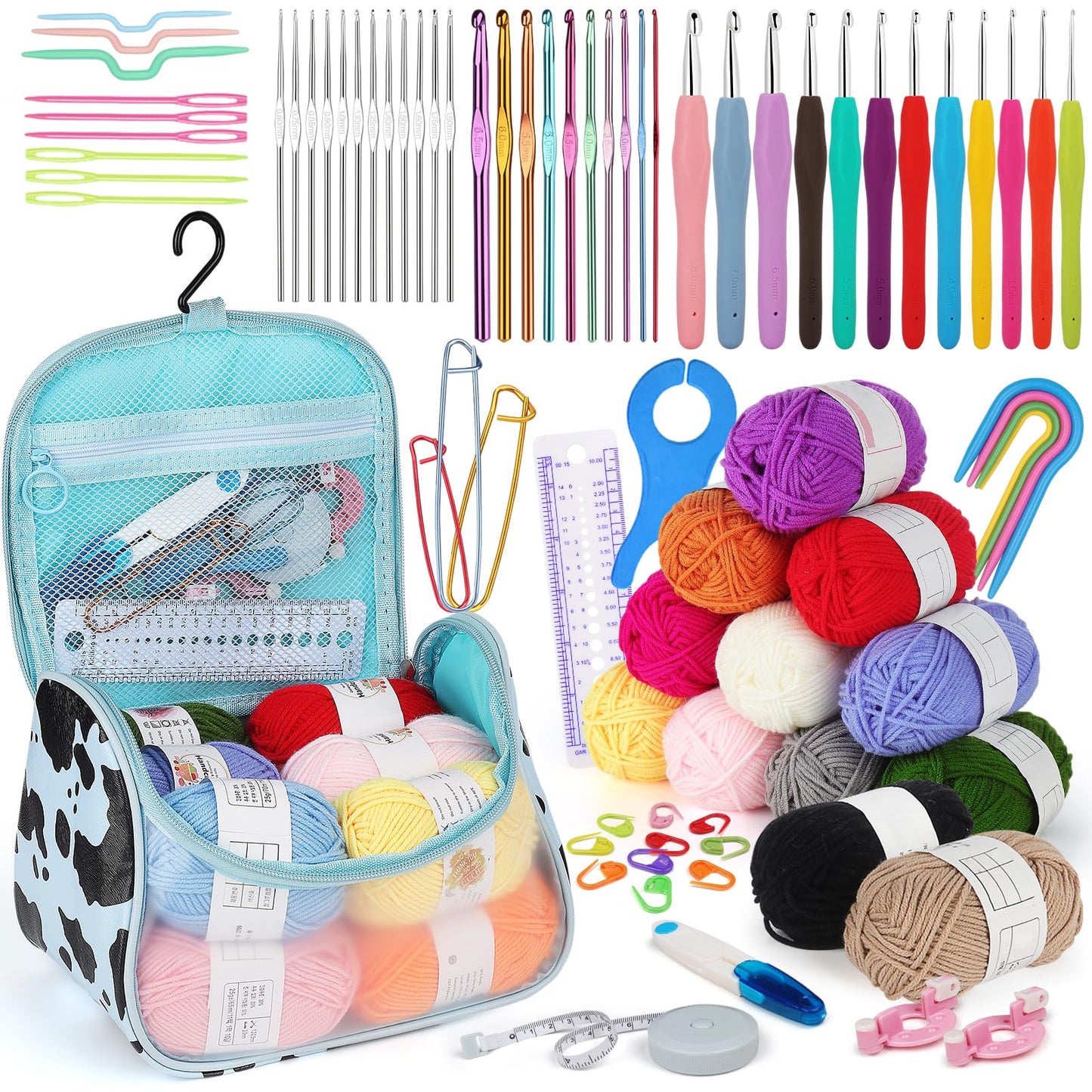 Aeeque beginner crochet set with acrylic yarn, crochet hooks set with accessories, bag, crochet needle for crocheting blankets hats sweaters, Lightweight crochet set Ergonomic 0.6mm - 8.0mm