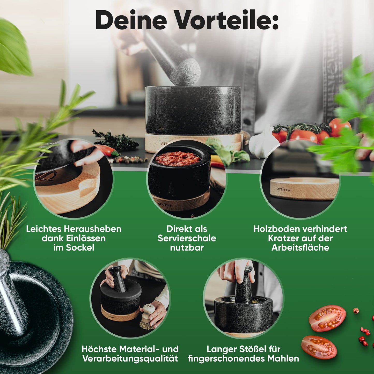 ATNITY Granite Mortar and Pestle Ø 14.5cm - Stone mortar with extra long pestle - Mortar on elegant and stable beech wood base with silicone cover and cleaning brush included in set.