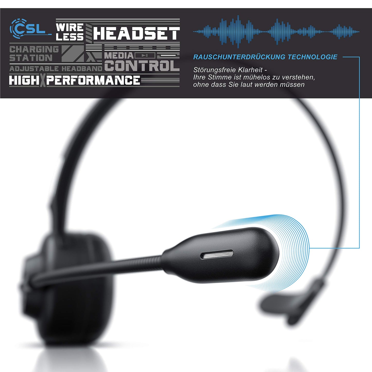 CSL - Wireless headset with charging dock - Mono Bluetooth headset with microphone - USB charging port - Multipoint, noise cancellation - lightweight - hands-free calling - PC tablet smartphone - home office office