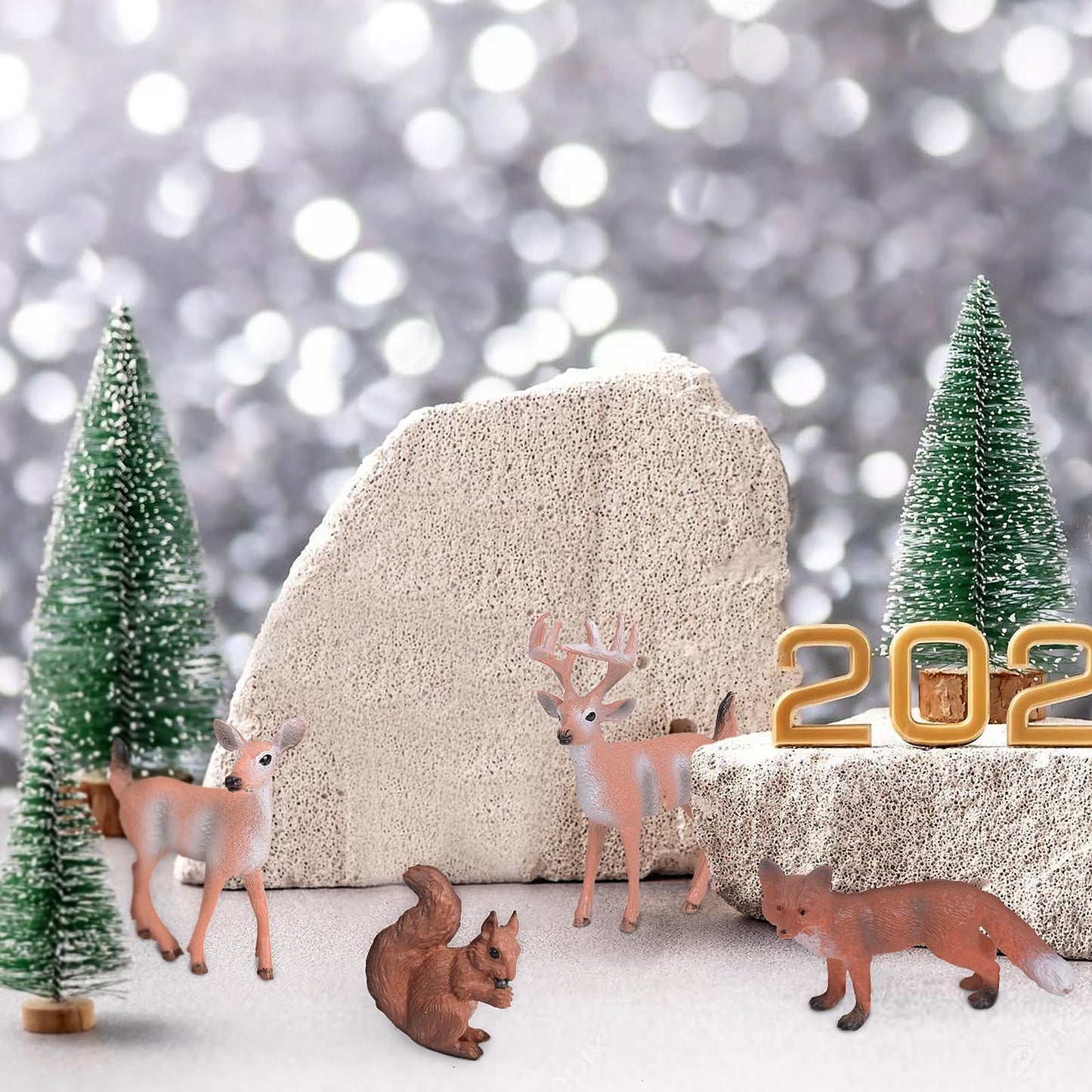 14 pieces Christmas Mini Figures Christmas Tree Artificial Ornament Miniature Pine Tree Deer Rabbit Fox Squirrel Reindeer Small Christmas Figures Christmas Decoration for Crafting Xmas