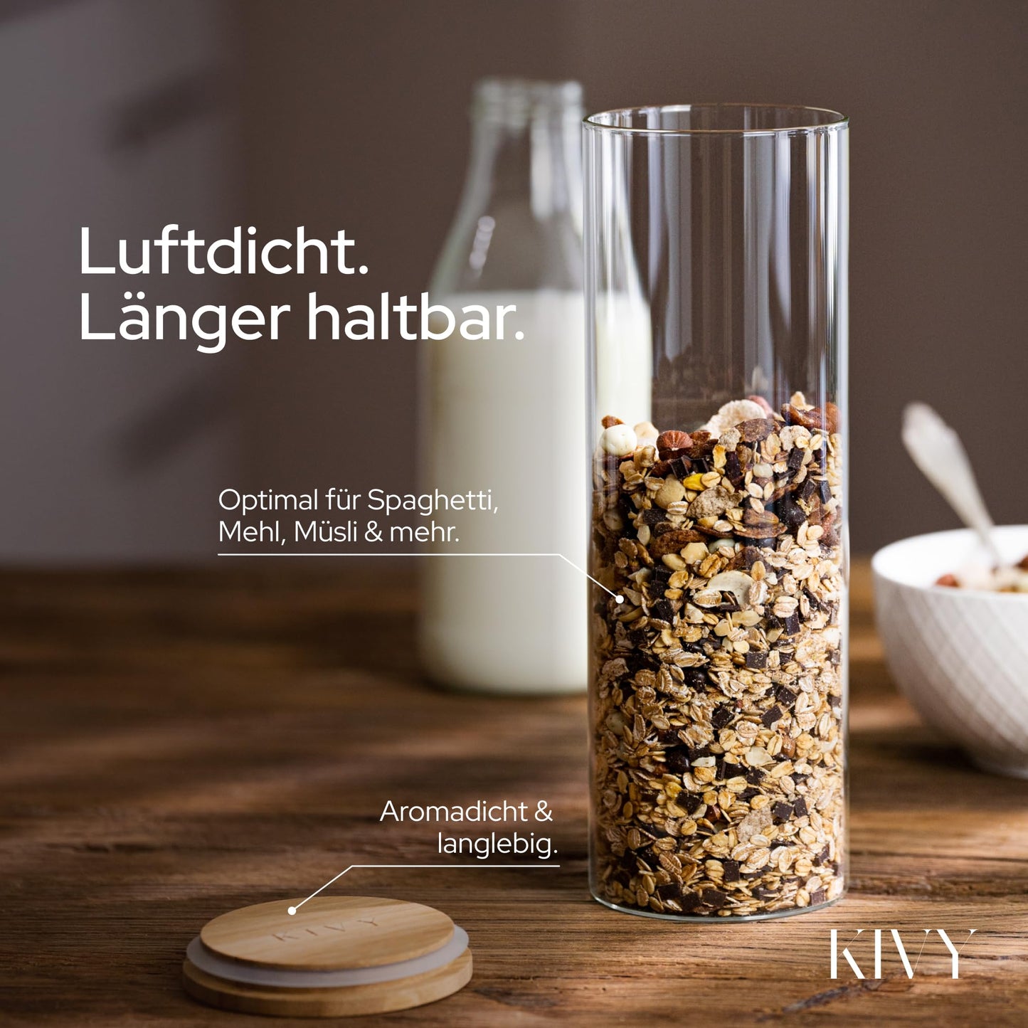 KIVY storage jars with airtight lid - 2 x 1.8L - For spaghetti, flour, cereals storage glass - Pasta jars with lid - Large spaghetti storage glass - Pasta jars with bamboo lid.
