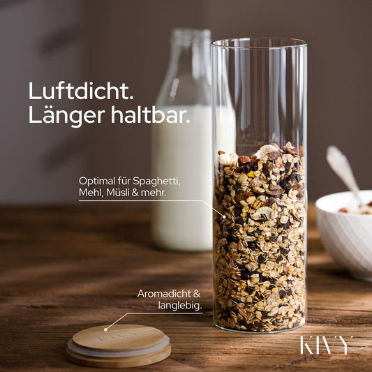 KIVY storage jars with airtight lid - 2 x 1.8L - For spaghetti, flour, cereals storage glass - Pasta jars with lid - Large spaghetti storage glass - Pasta jars with bamboo lid.
