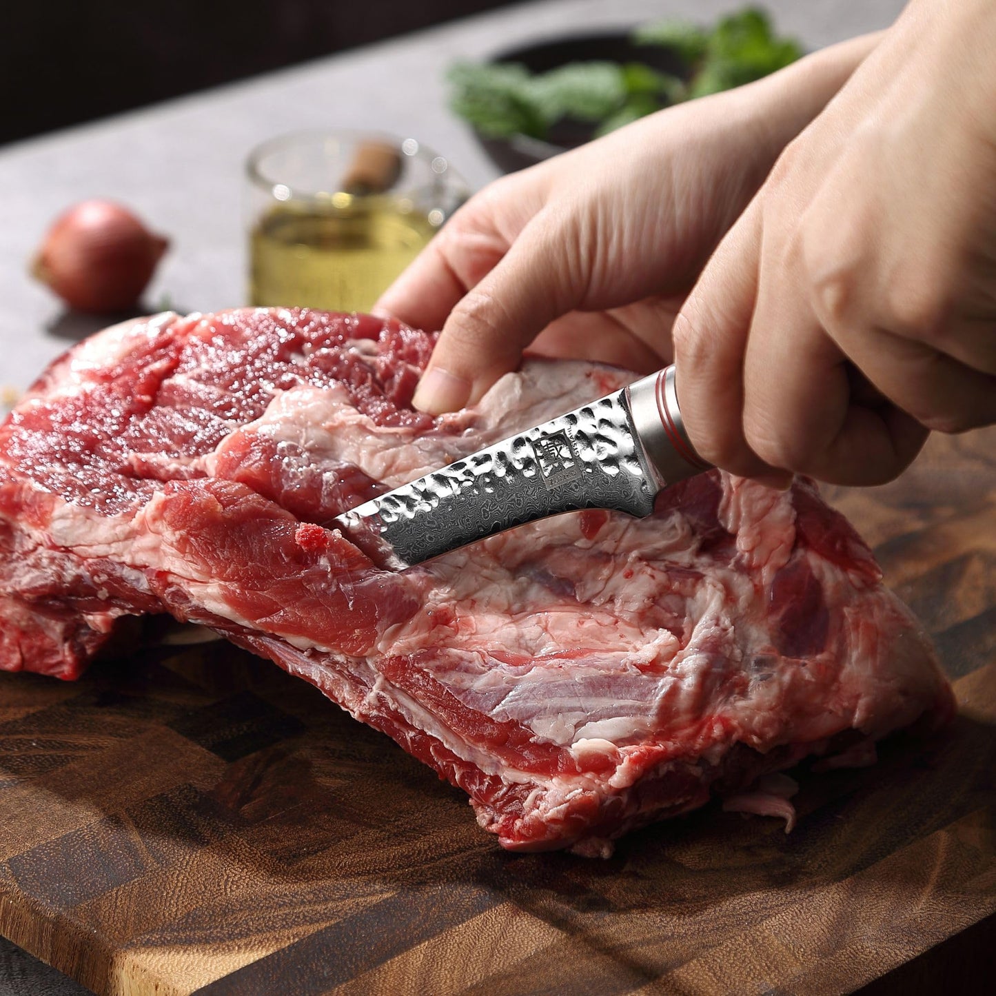 Zayiko Minami Olive Damascus Fillet Knife 6.5" Blade | 67-layer Damascus steel with hammered finish | Professional kitchen knife with flexible olive wood handle for precise filleting.