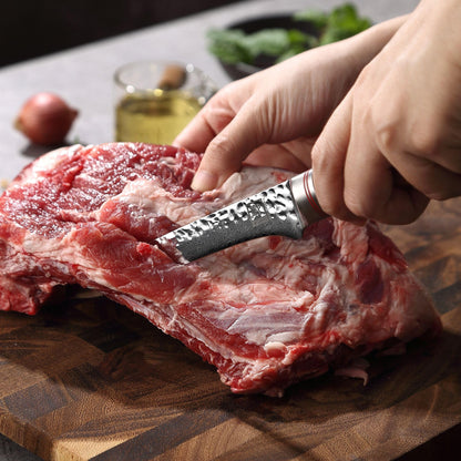 Zayiko Minami Olive Damascus Fillet Knife 6.5" Blade | 67-layer Damascus steel with hammered finish | Professional kitchen knife with flexible olive wood handle for precise filleting.