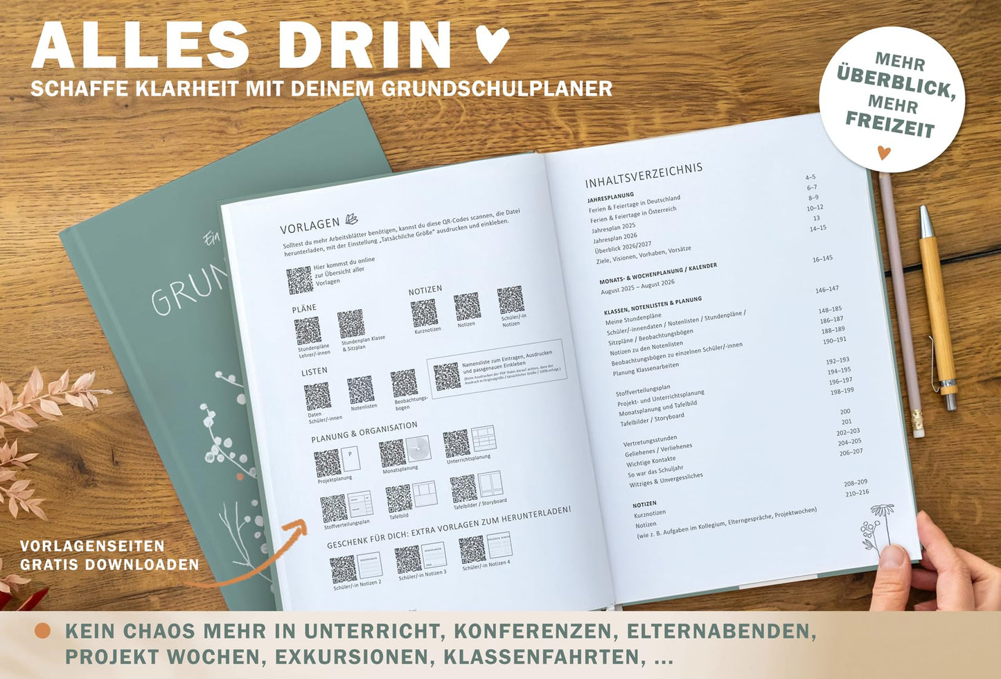 One of the Good Teacher Planners 2025 2026, A4 Elementary School Planner, 1 double page per week, Hardcover School Planner for the 25/26 school year, Mint White with Flowers, FSC Paper