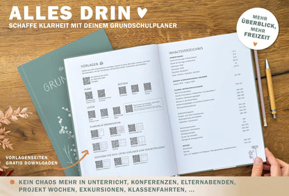 One of the Good Teacher Planners 2025 2026, A4 Elementary School Planner, 1 double page per week, Hardcover School Planner for the 25/26 school year, Mint White with Flowers, FSC Paper
