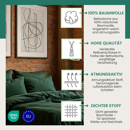 VelvetHome Deluxe bedding 155x220 Cotton duvet cover 155x220 cm with pillowcase 80x80 cm High quality bedding set with zipper 100% Cotton Made in EU Dark green 155 x 220