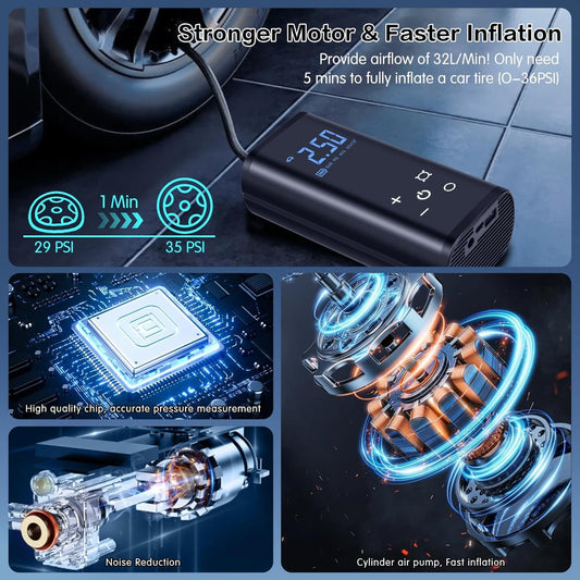 Electric air pump, 150 PSI portable battery compressor, 6000mAh bike pump air compressor for car bike motorcycle balls, touchscreen, rechargeable via USB-C, doubles as emergency light and power bank.