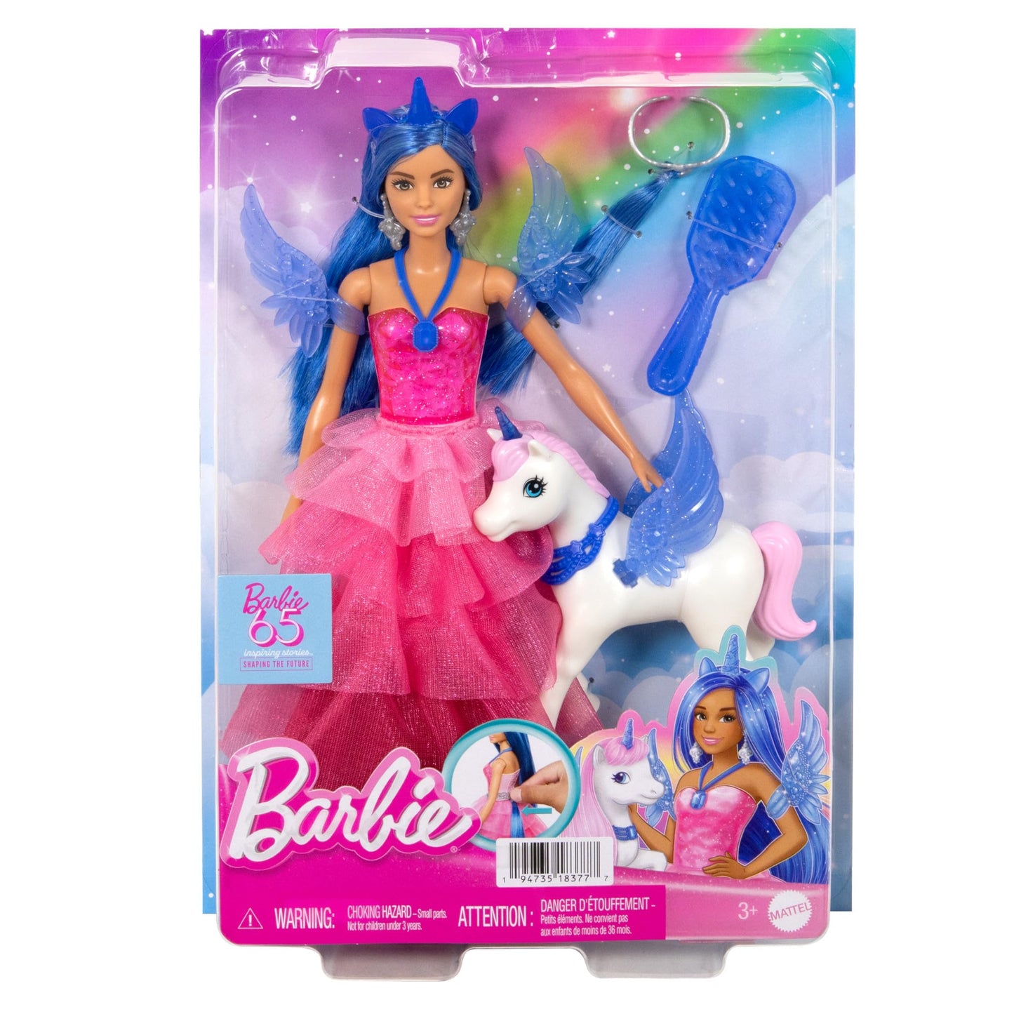 Barbie A hidden magic doll with unicorn, pink dress with sapphire blue details, unicorn headband, detachable sapphire wings, and unicorn tail, for children aged 3 and up, HRR16