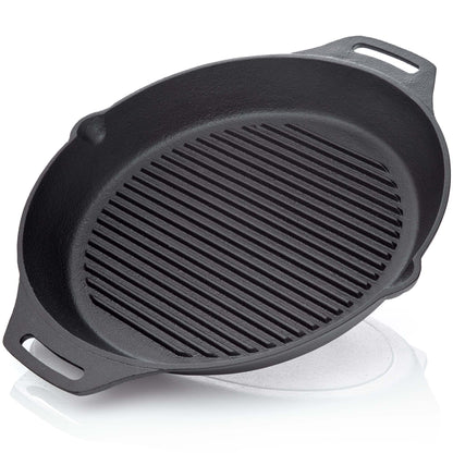 BBQ Nerd Cast Iron Grill Pan - with ridged bottom for beautiful grill marks - Steak Pan Ø 35 cm 4550g with spout and handle - Non-stick pan Skillet Outdoor Pan