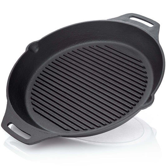 BBQ Nerd Cast Iron Grill Pan - with ridged bottom for beautiful grill marks - Steak Pan Ø 35 cm 4550g with spout and handle - Non-stick pan Skillet Outdoor Pan