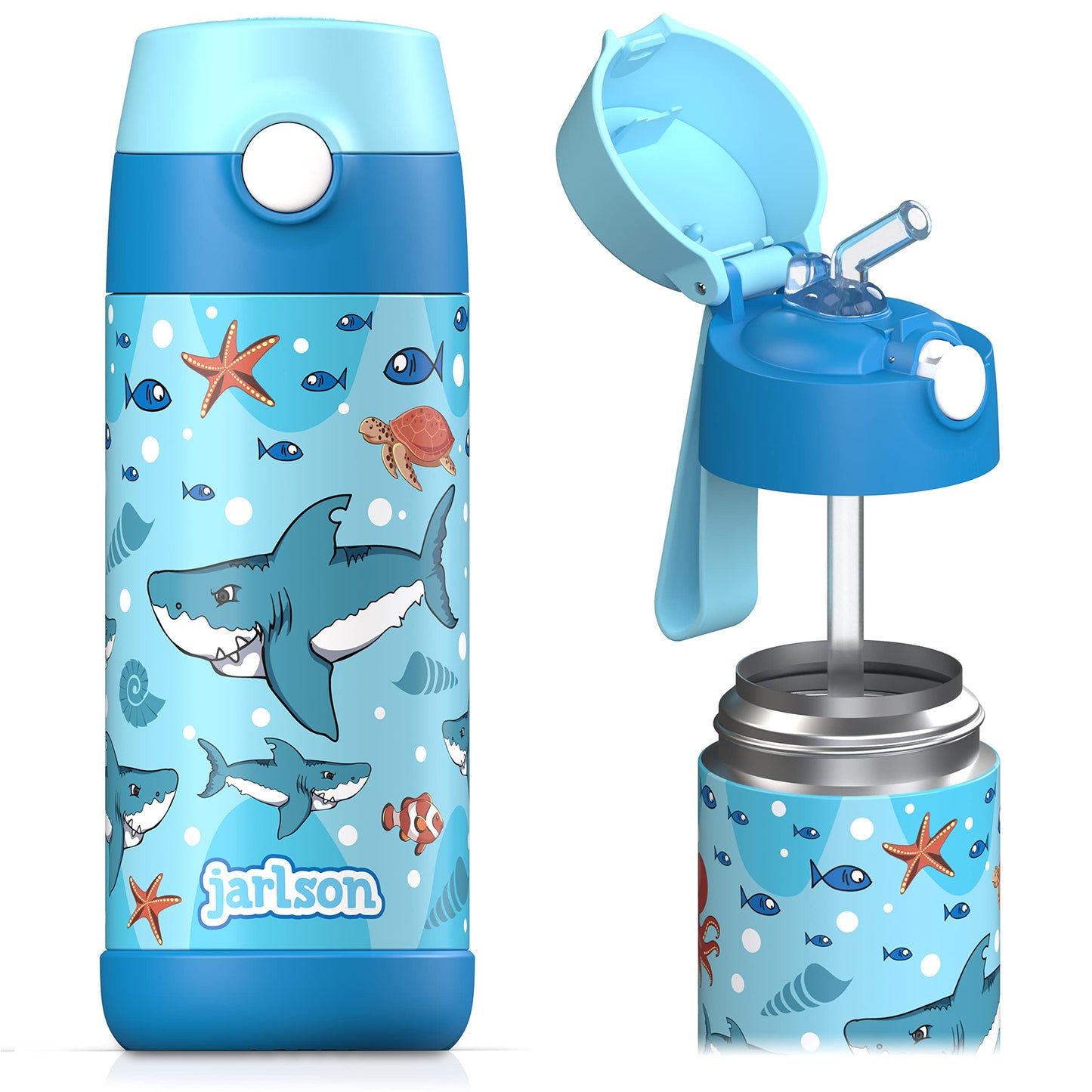 Jarlson® Stainless Steel Kids Water Bottle CHARLI with Straw - 350ml Thermos Flask - TÜV tested - BPA free - leak-proof - Insulated Water Bottle for School, Kindergarten (Sharks)