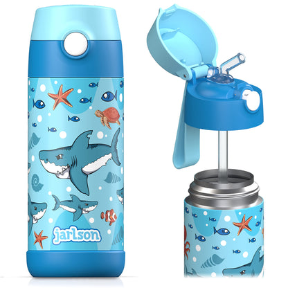 Jarlson® Stainless Steel Kids Water Bottle CHARLI with Straw - 350ml Thermos Flask - TÜV tested - BPA free - leak-proof - Insulated Water Bottle for School, Kindergarten (Sharks)