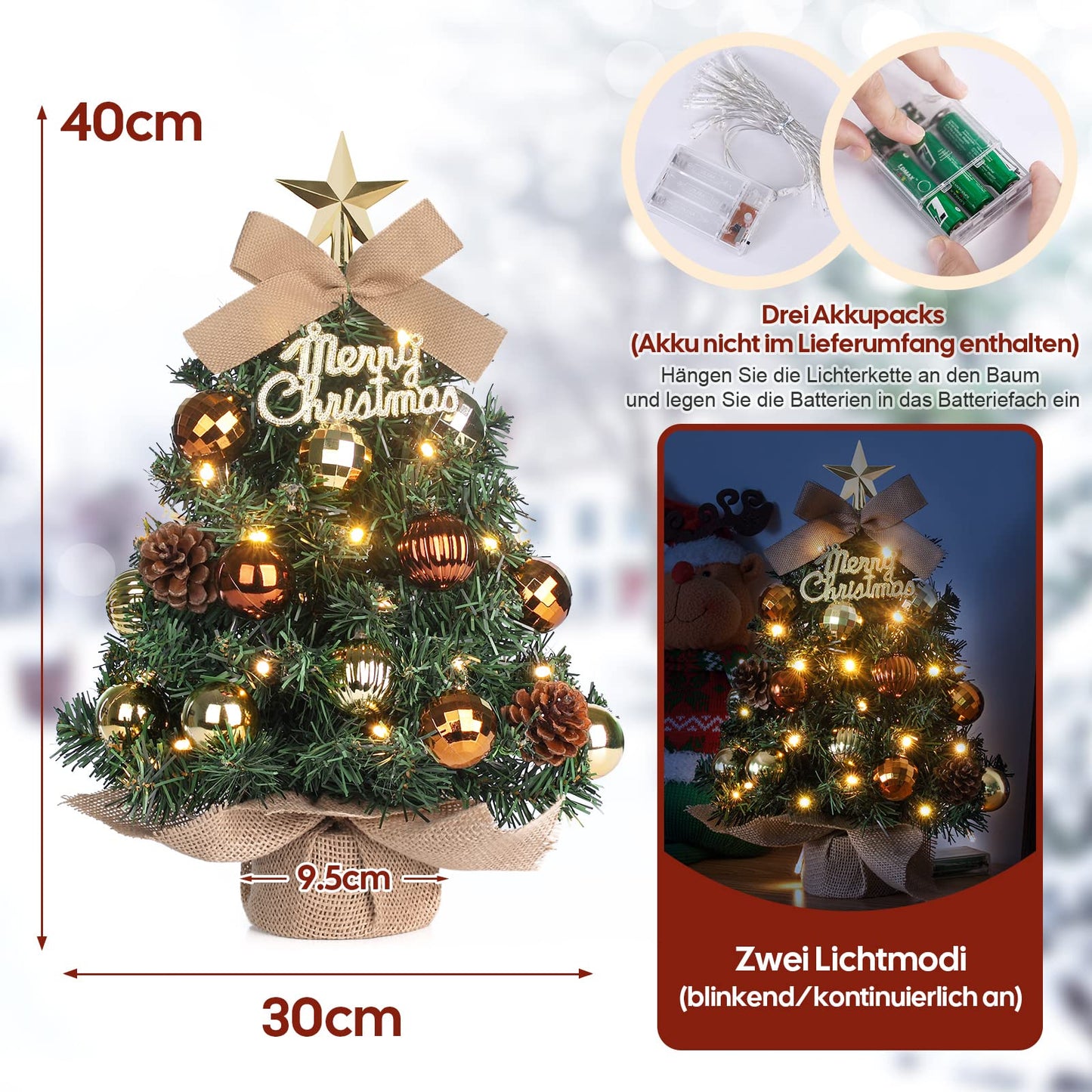 Mini Christmas Tree Small Christmas tree with LED lighting table Christmas tree small artificial decorated for Christmas decoration 40cm (Brown with Gold)