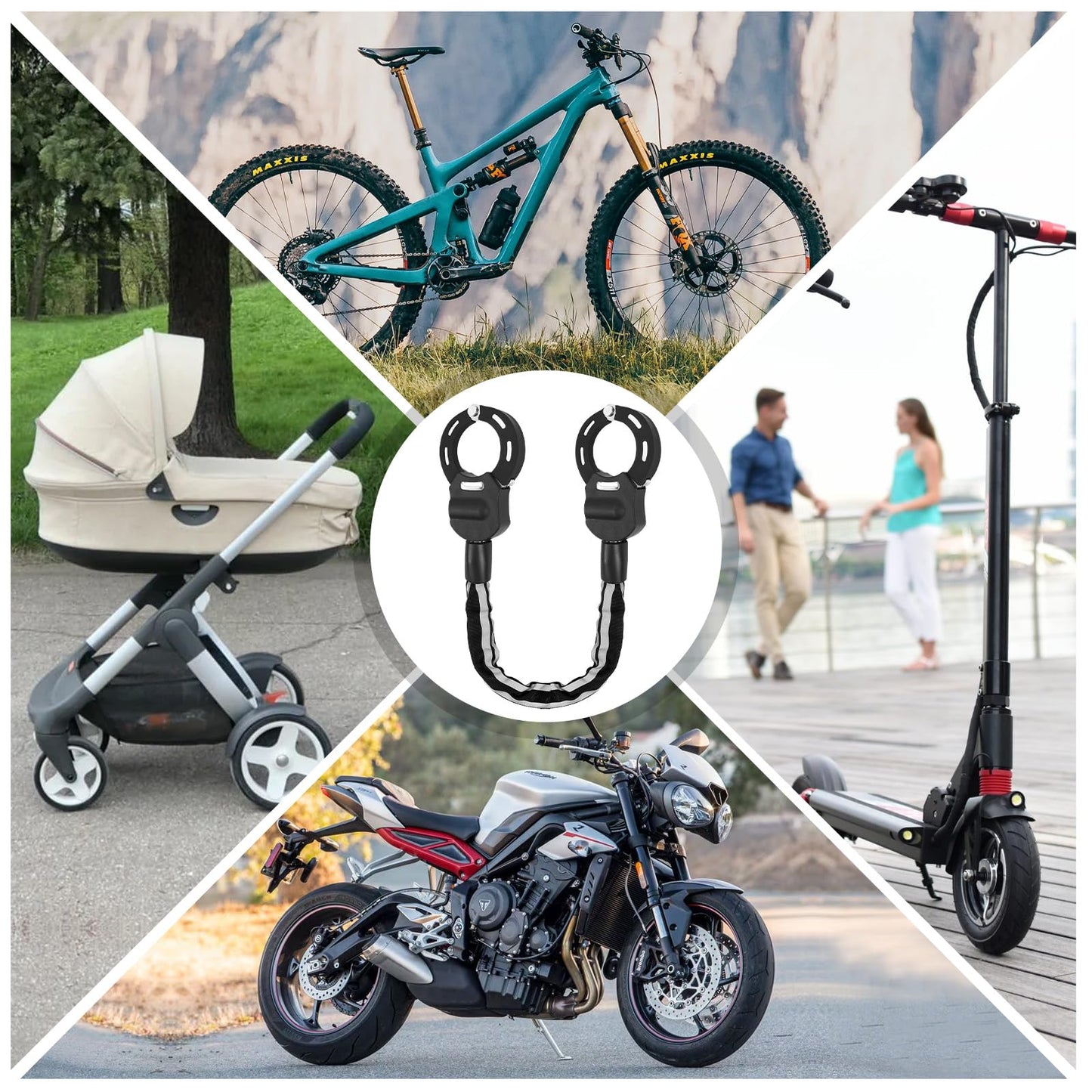 The Shine E-Scooter lock is a bicycle lock, handcuff lock with silicone protection against scratches. Electric scooter lock with storage bag for scooters, strollers.