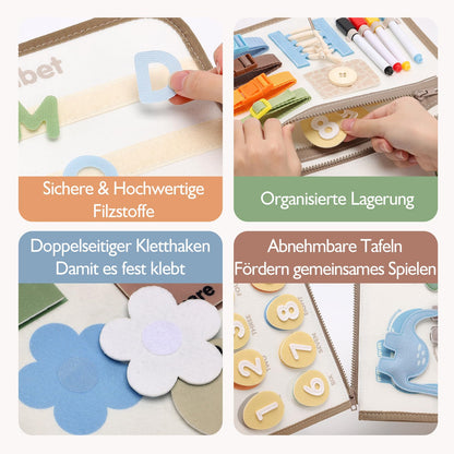 Hahaland Busy Board - Dinosaur Theme with drawings, Montessori toy activity board, motor skills & sensory learning toy Quiet Book, busy book for travel car rides plane, boys girls gift
