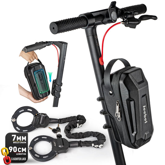 Jeebel 3/4/5L E-scooter Bag & 90cm 7mm handcuff lock, large-capacity handlebar bag with quick-release mounting, bike lock with key, for electric scooters, bicycles (2.8L + lock)