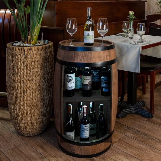 CREATIVE COOPER  Wood Barrel Home Bar - Retro Style Wine Cabinet - Wine Barrel Bar - Wooden Wine Rack - Wooden Bar 80cm high - Elegant Furniture, Living Room Decor - Barrel Bar High Table and Bottle Stand (Wenge)