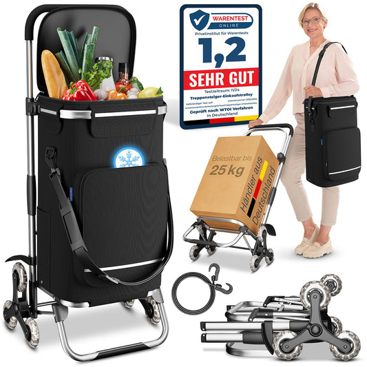 ELONEO Shopping trolley with cooler compartment, foldable shopping cart, adjustable height, reflectors, removable 43 L bag, stair climber trolley in black.