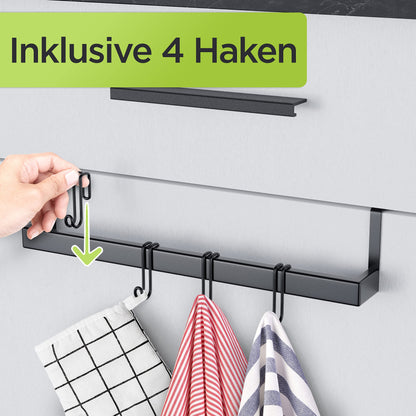 DEELIA® Dish Towel Holder Kitchen | Towel Holder for Hanging on Kitchen Cabinet without Drilling | incl. 4 Hooks | Black Stainless Steel Towel Holder