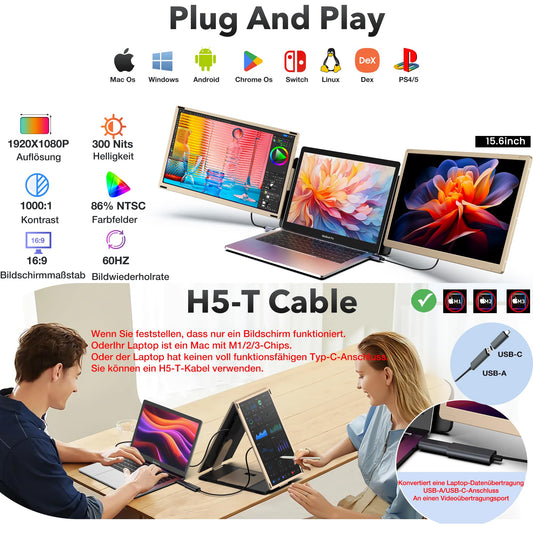 Kwumsy Portable Monitor for Laptop - 15.6 inch FHD 1080P Laptop Screen Extension for all laptops, 90°-235° rotatable/detachable screen, compatible with 13-17.3" laptops (not wider than 16.9")