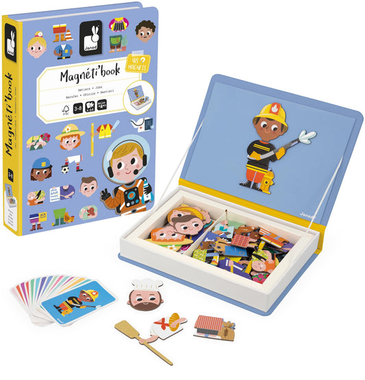 Janod Magnéti'Book Jobs- Magnetic learning game 48 magnets + 16 template cards- Children's toy made of FSC cardboard- From 3 years, J02597, Multicolored, Small