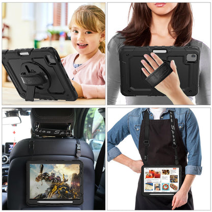 SEYMAC stock case for iPad Air 5th/4th generation 10.9 inch, shockproof protective cover with pencil holder, screen protector, 360° rotatable stand/hand strap, shoulder strap, black.