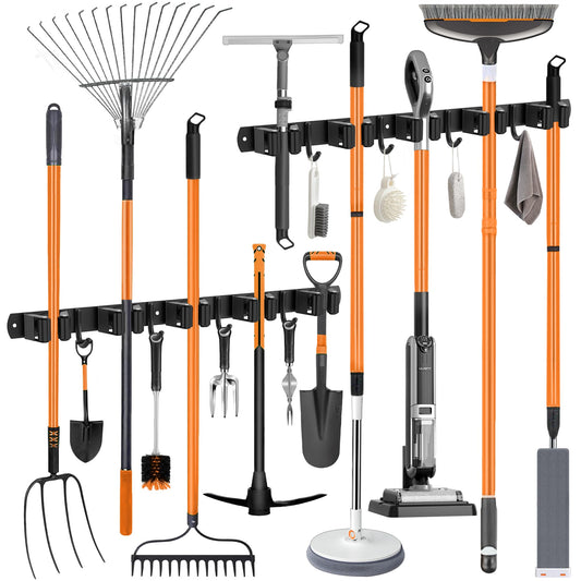OMerima 2 Piece Broom Holder Wall, 10 Holders + 8 Hooks Stainless Steel Tool Holder, Self-Adhesive Garden Tool Holder and Broom Holder, Black Wall Mount Hanger for Brooms