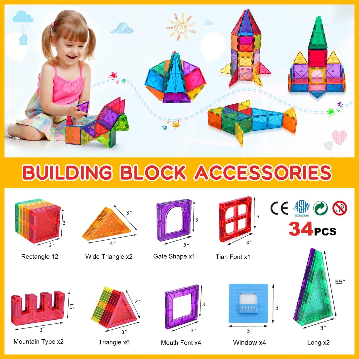 Magnetic building blocks, 3D blocks, colorful magnetic tiles for children aged 4-8, STEM, early educational construction, magnetic toys, building set for toddlers aged 3 and up.