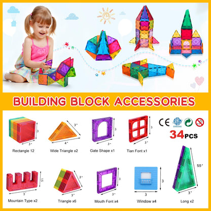 Magnetic building blocks, 3D blocks, colorful magnetic tiles for children aged 4-8, STEM, early educational construction, magnetic toys, building set for toddlers aged 3 and up.