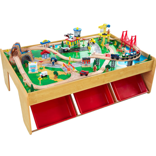 KidKraft Wood Train and Play Table Waterfall Mountain with storage box, train set with accessories and construction vehicles, airplane and train toys for children 3+ years old, 17850