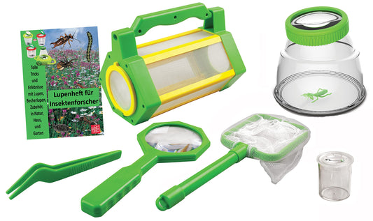 XL insect catching set 5 pieces storage box, net, magnifying glass, magnifying beaker, and 5x magnifying jar with magnifying booklet.