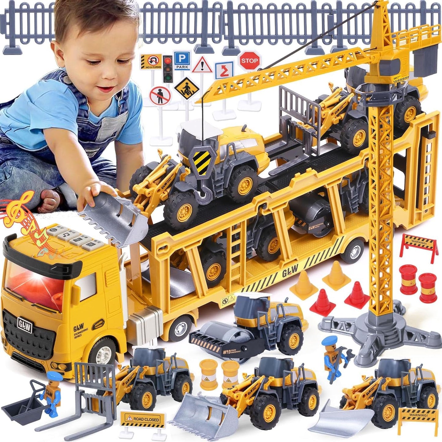 Tacobear Construction Vehicles for Kids Large Truck Vehicle Toy Gifts for 3 4 5 6 7 Year Old Boys with Crane Toy Bulldozer Steamroller Forklift Construction Vehicles Birthday Gift Ideas Boys